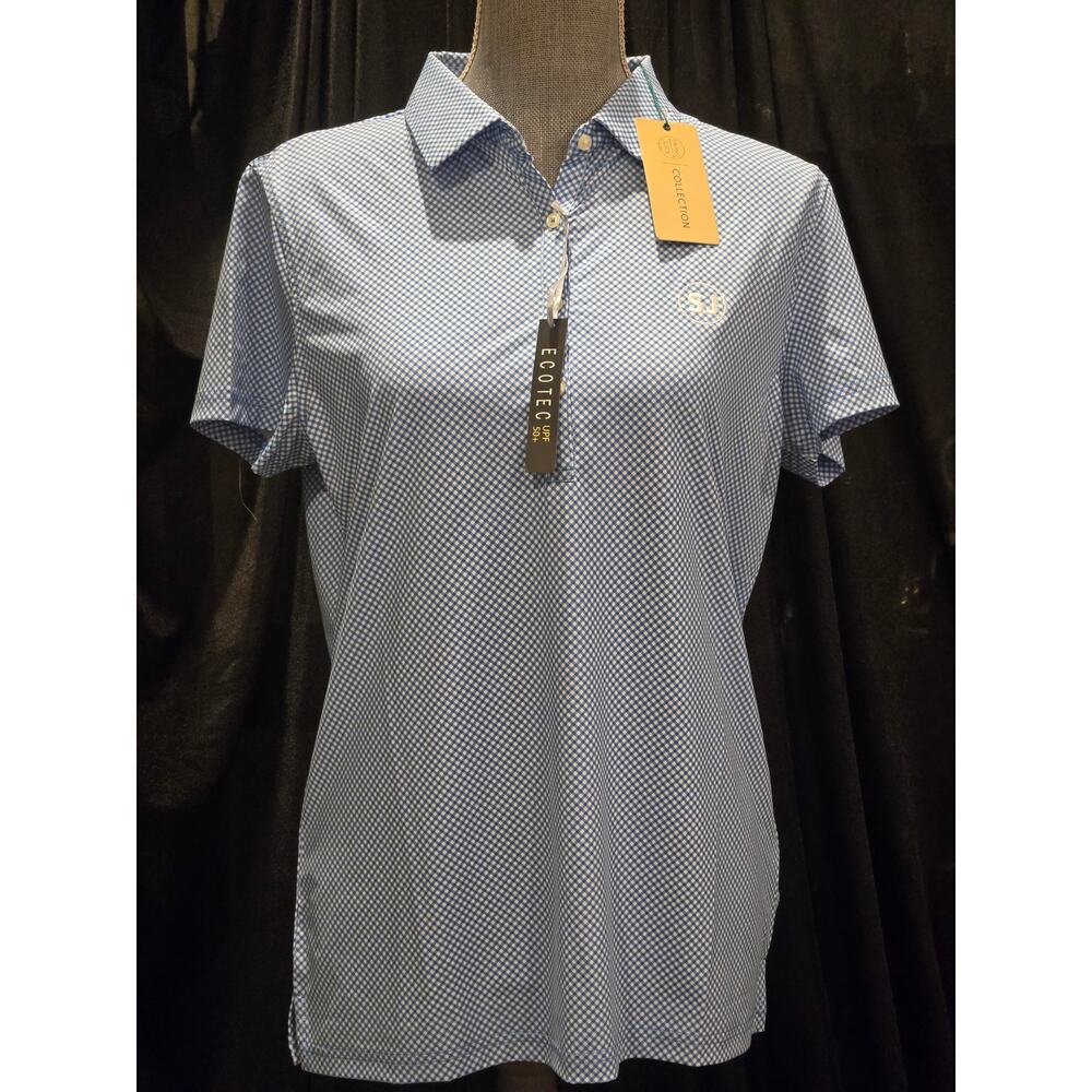 NWT Blue & White Gingham Women's Swing Juice Ecotec UPF 50+ Golf Polo Size Large